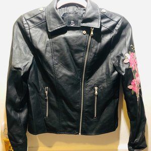 Girl's Art Class Faux Leather Jacket with Floral Stitching